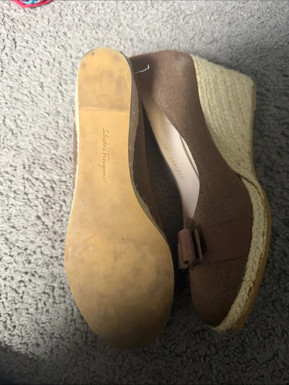 Salvatore Ferragamo Brown Grosgrain Vara Wedge Espadrilles